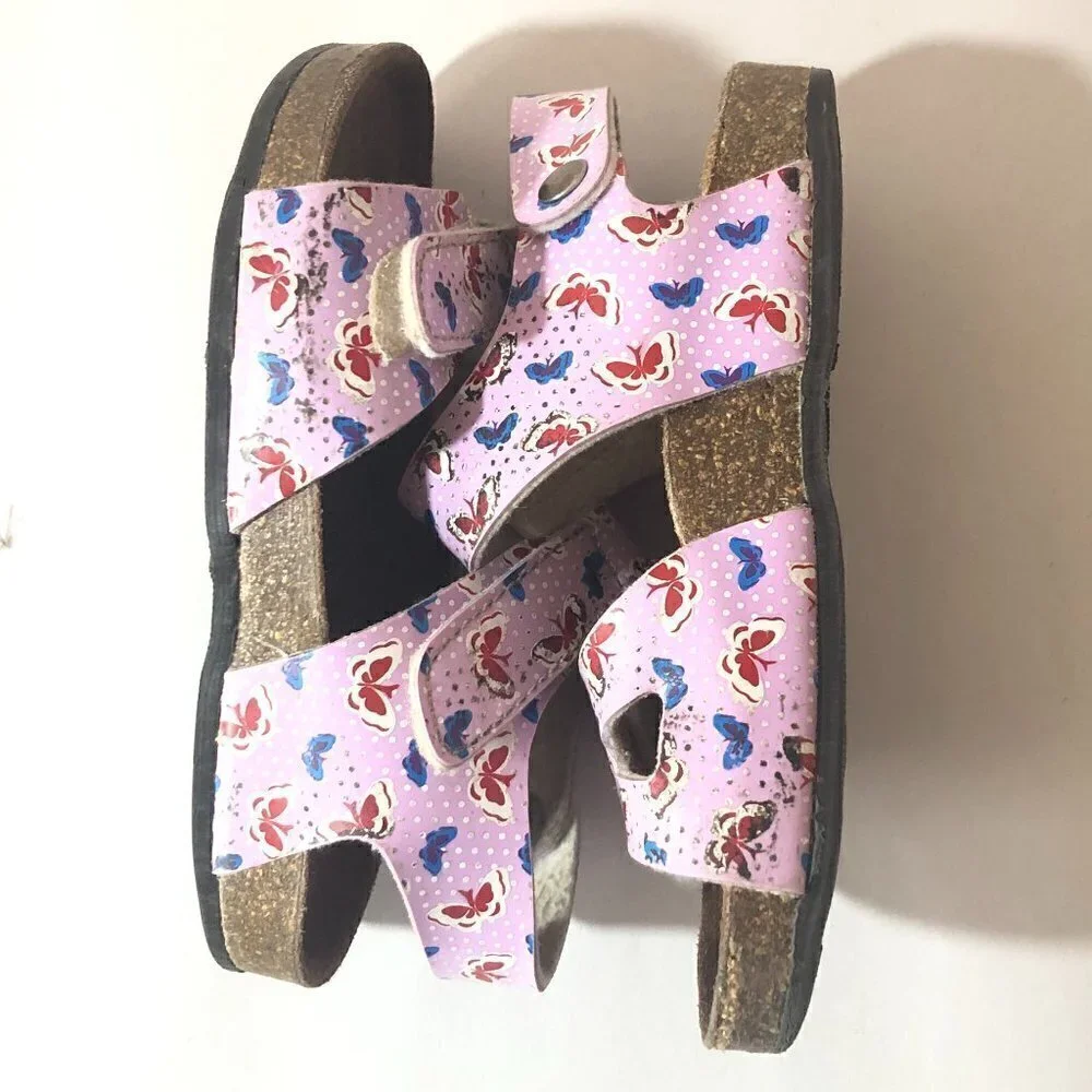 GRUNLAND JUNIOR Sandals Girls Size 7.5US/EU24 Pink Tan Butterfly Print